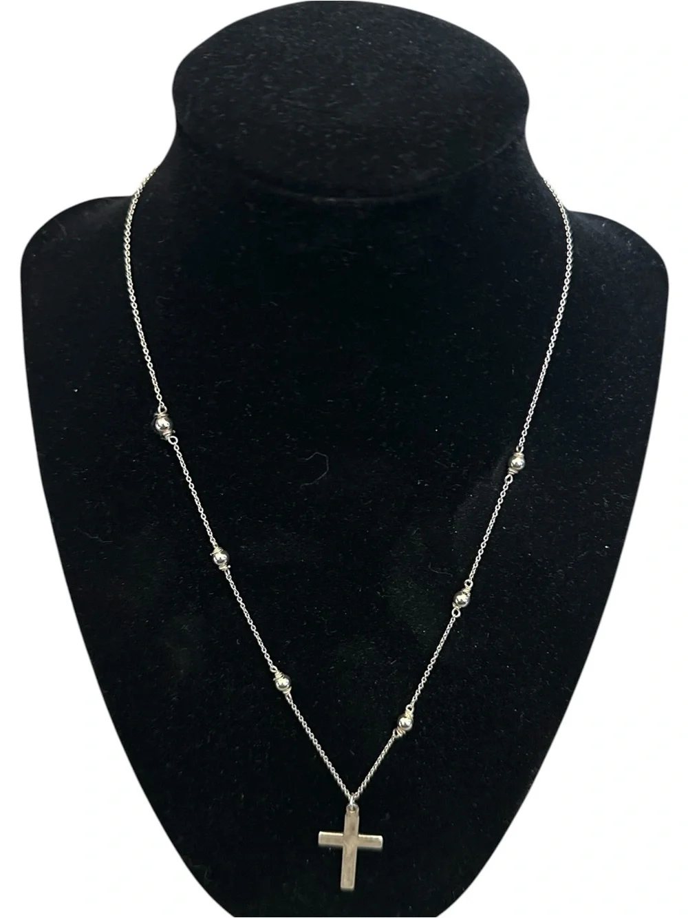 BOUTIQUE Sterling Silver 18” Cross Charm Beaded Chain Necklace 925 Stamped